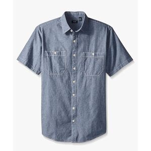 Amazon Essentials Men's Blue Cotton Chambray Button Down Short Sleeve Shirt